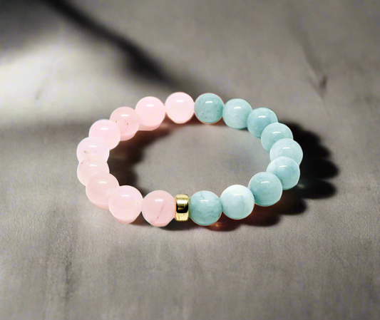 Aquamarine, Pink Jade And Gold Filled Women's Bracelet.