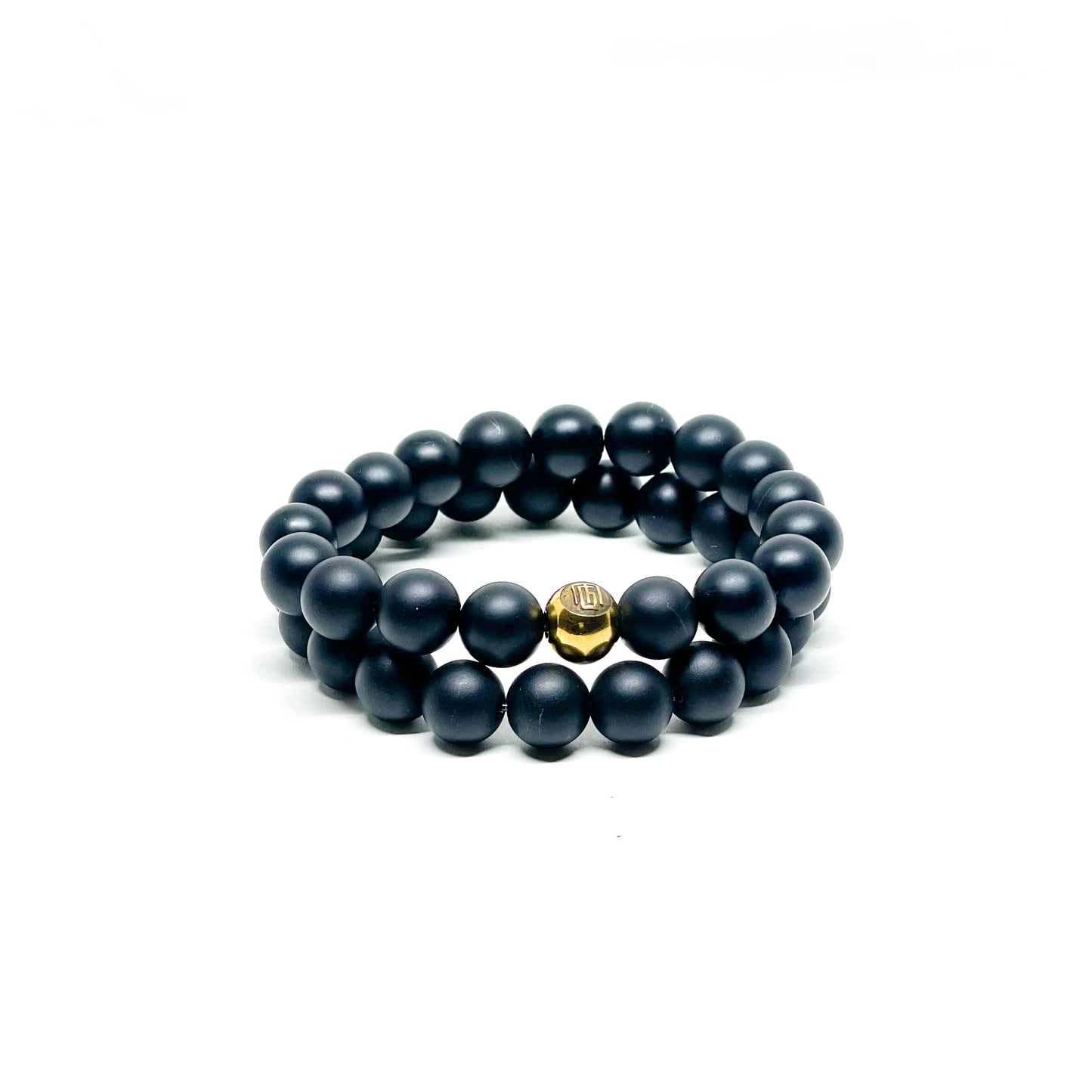 Onyx bracelets with gold over stainless steel bead. Stretchy Men’s bracelets with Onyx.