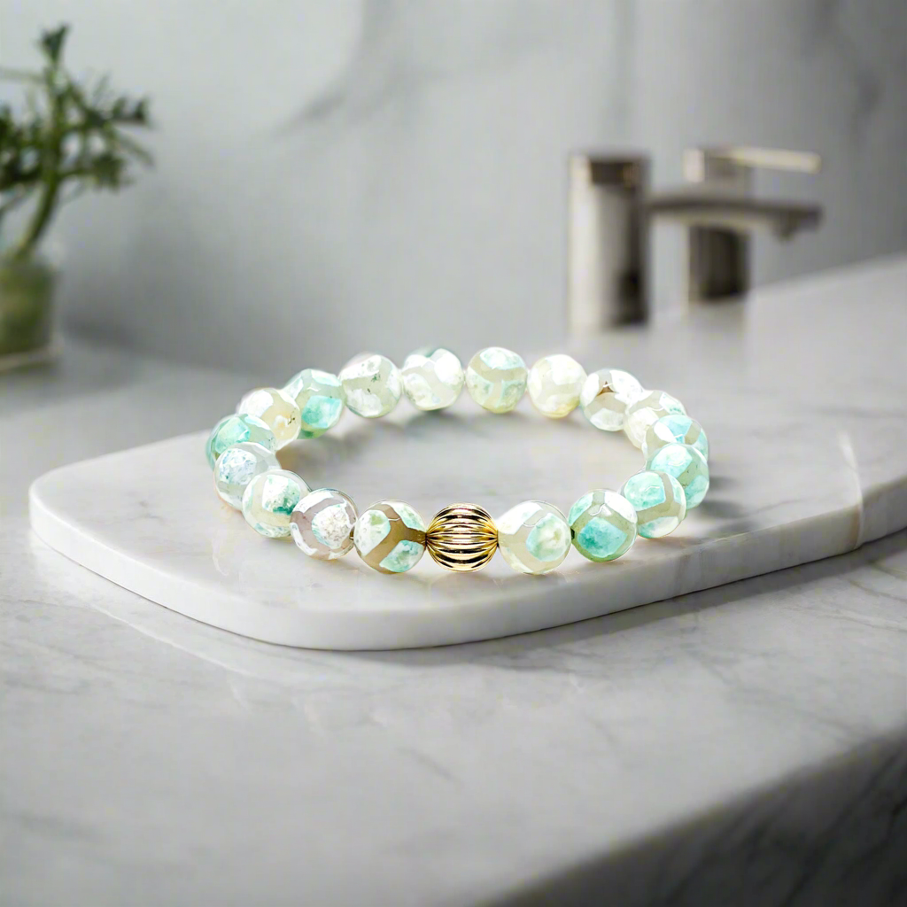 Genuine Tibetan Agate Gemstone (aqua green and white) With Gold Filled Women's Bracelet.