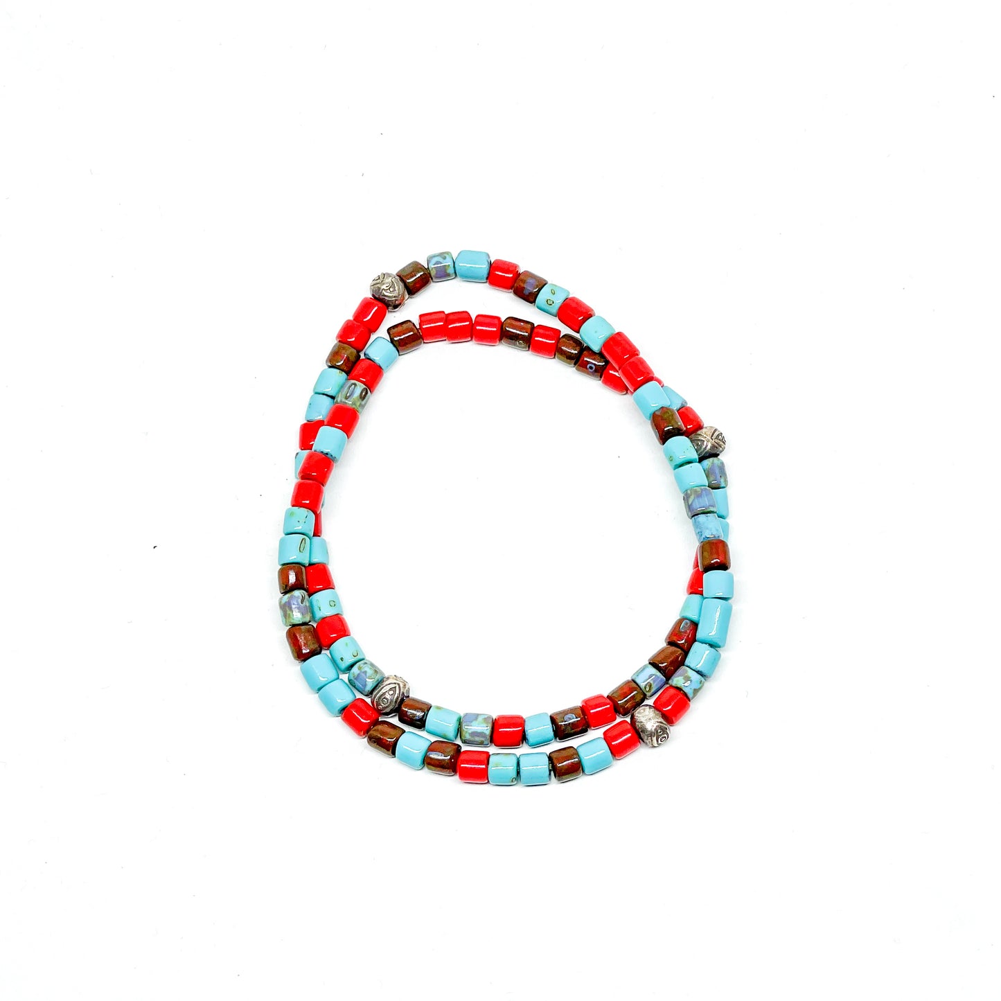 Men’s Bracelet with red and blue aged Picasso beads with silver.