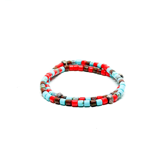 Men’s Bracelet with red and blue aged Picasso beads with silver.