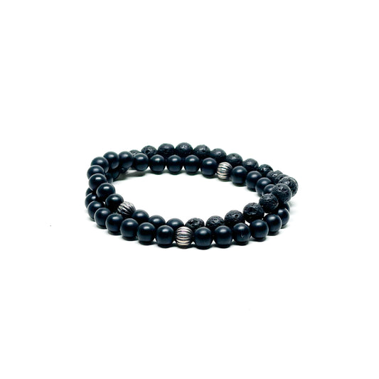 Men’s Bracelet with Onyx, Lava and 925 Silver beads.