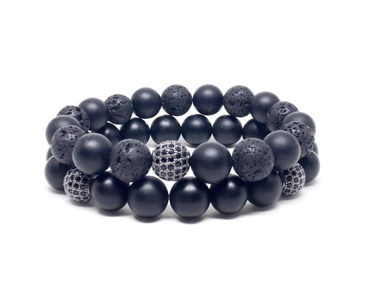 Men’s Bracelet with Matte Onyx, Lava Stones and CZ.