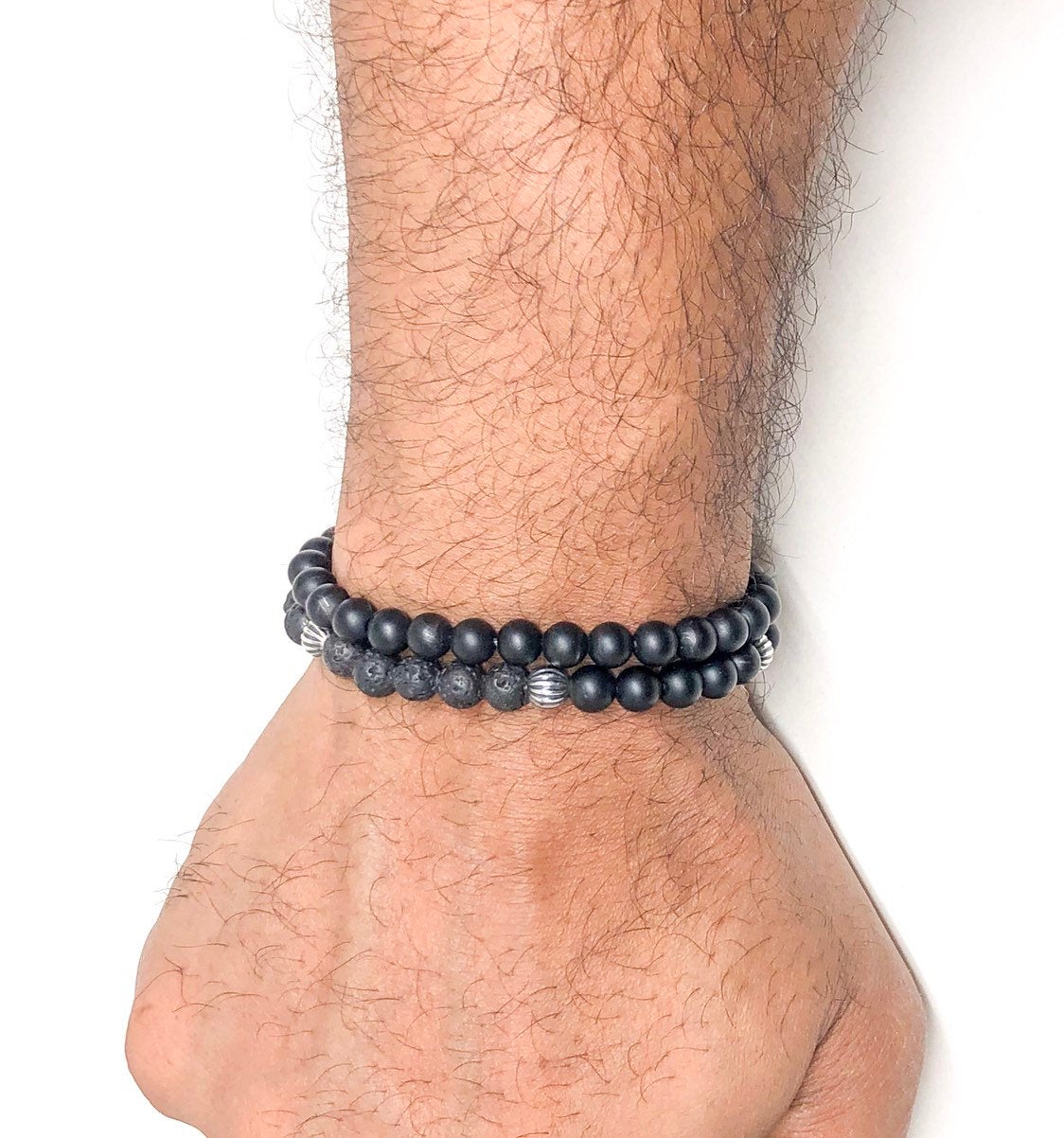 Men’s Bracelet with Onyx, Lava and 925 Silver beads.