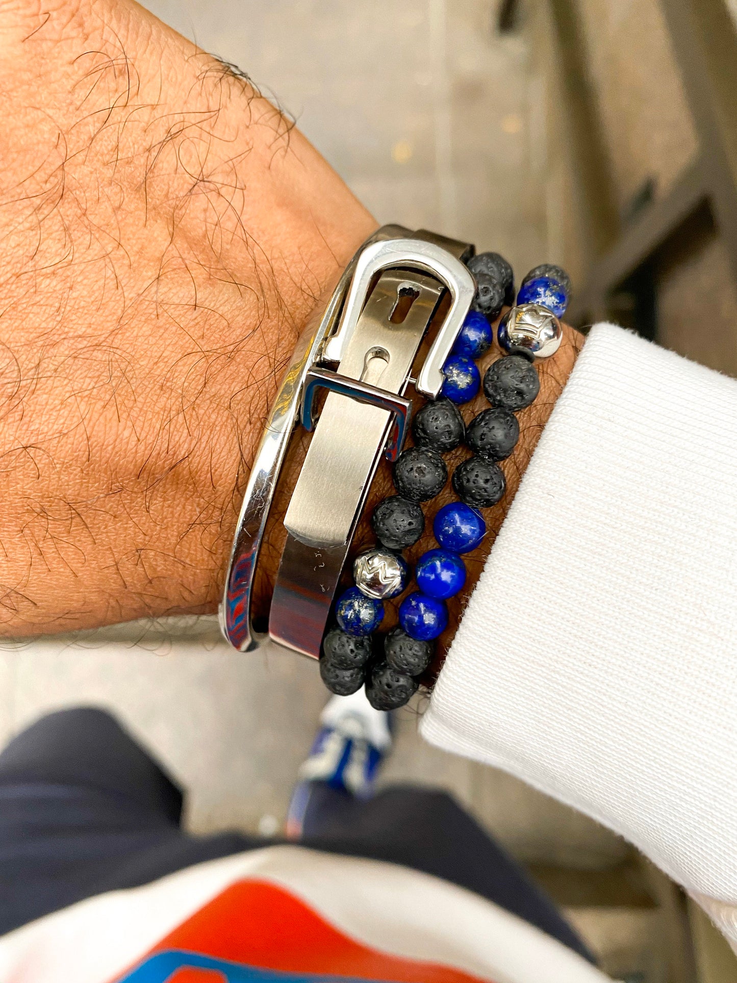 Wrap Around With Lava, Lapis Lazuli And Stainless Steel Men’s Bracelet.