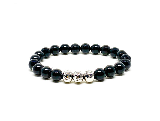 Men’s Bracelet with Onyx and stainless steel crown logo beads.