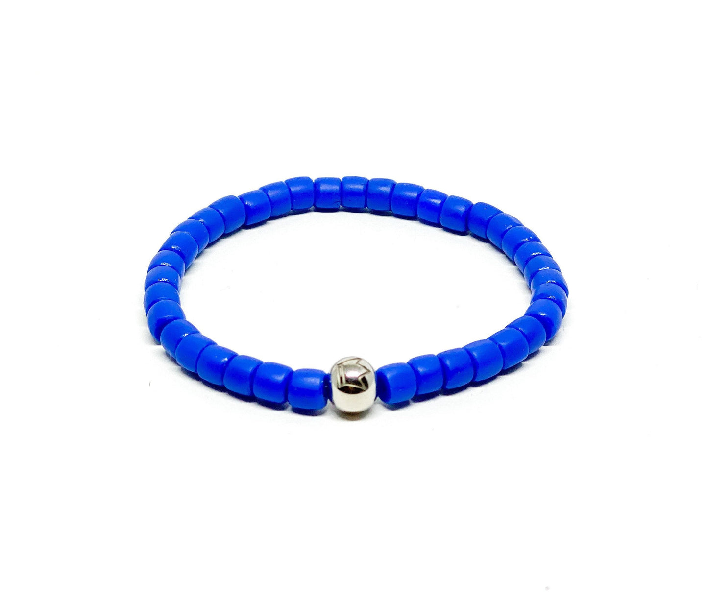 Blue Maasai glass beads and stainless steel logo bead Men’s Bracelet.