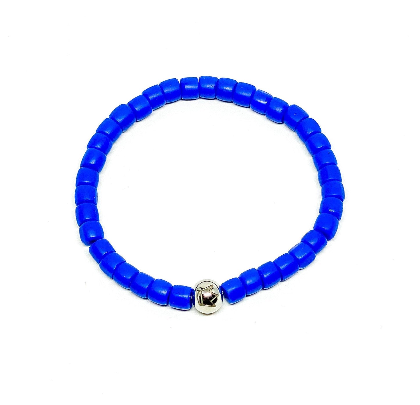 Blue Maasai glass beads and stainless steel logo bead Men’s Bracelet.