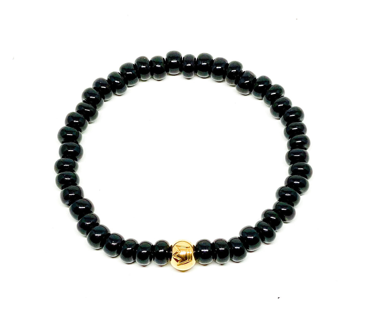 Black Glass Beads And Gold Stainless Steel Bead Men’s Bracelet.