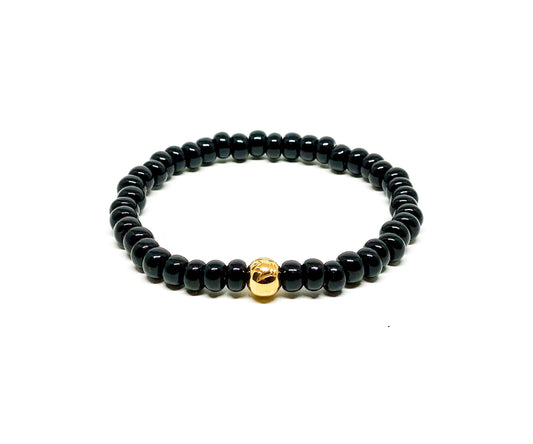 Black Glass Beads And Gold Stainless Steel Bead Men’s Bracelet.