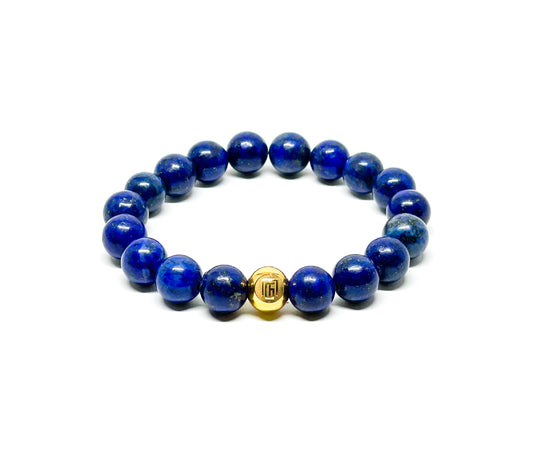 Men’s Bracelet with Lapis Lazuli and Gold plated over stainless steel logo beads.