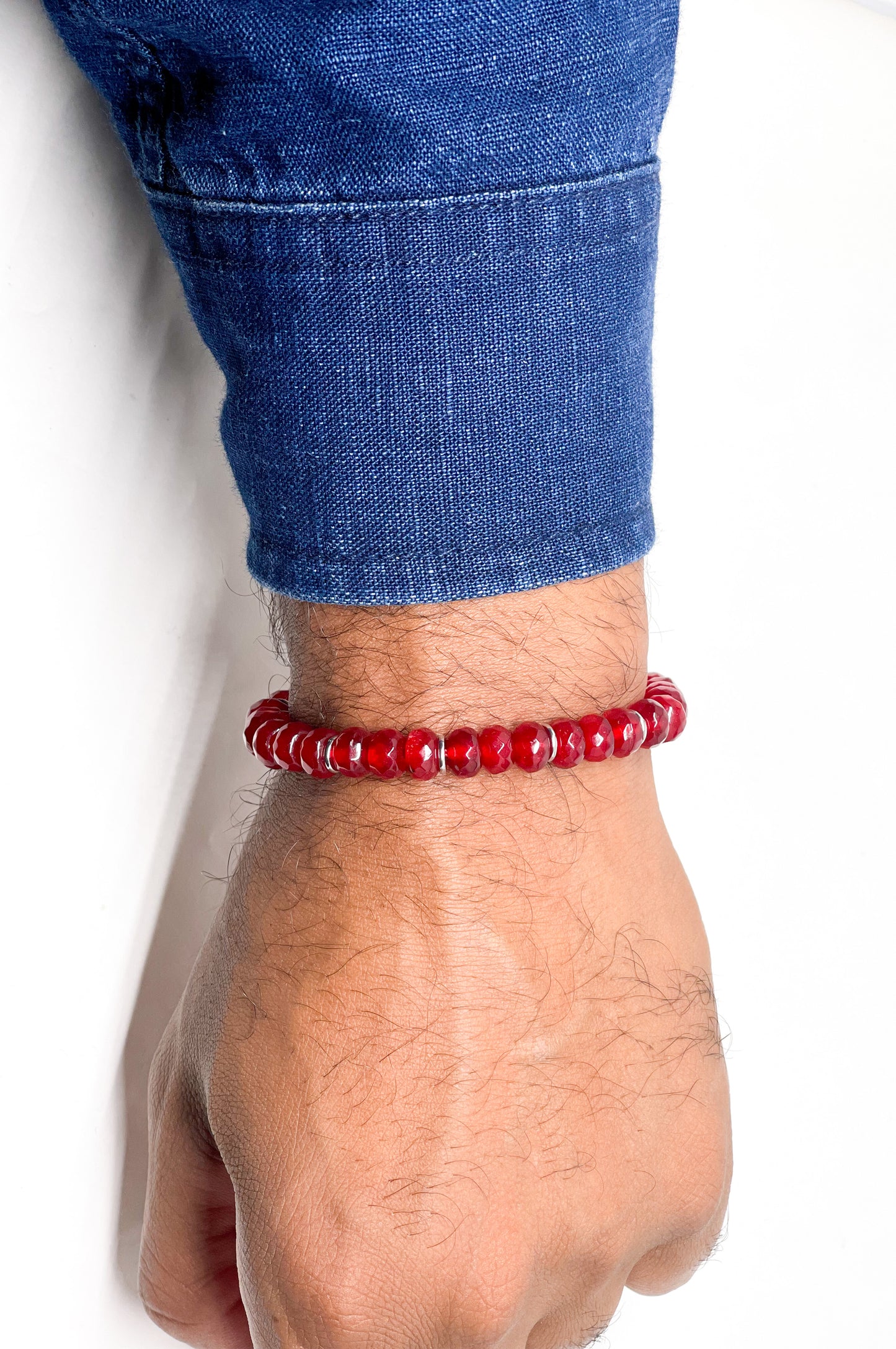 Men’s Bracelet With Red Jade And Stainless Steel.