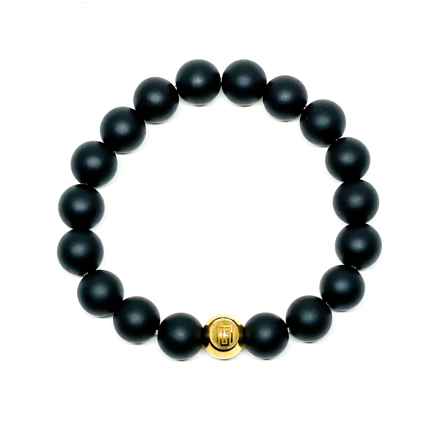 Men’s Bracelet with Matte Onyx and Gold plated over Stainless Steel logo bead.