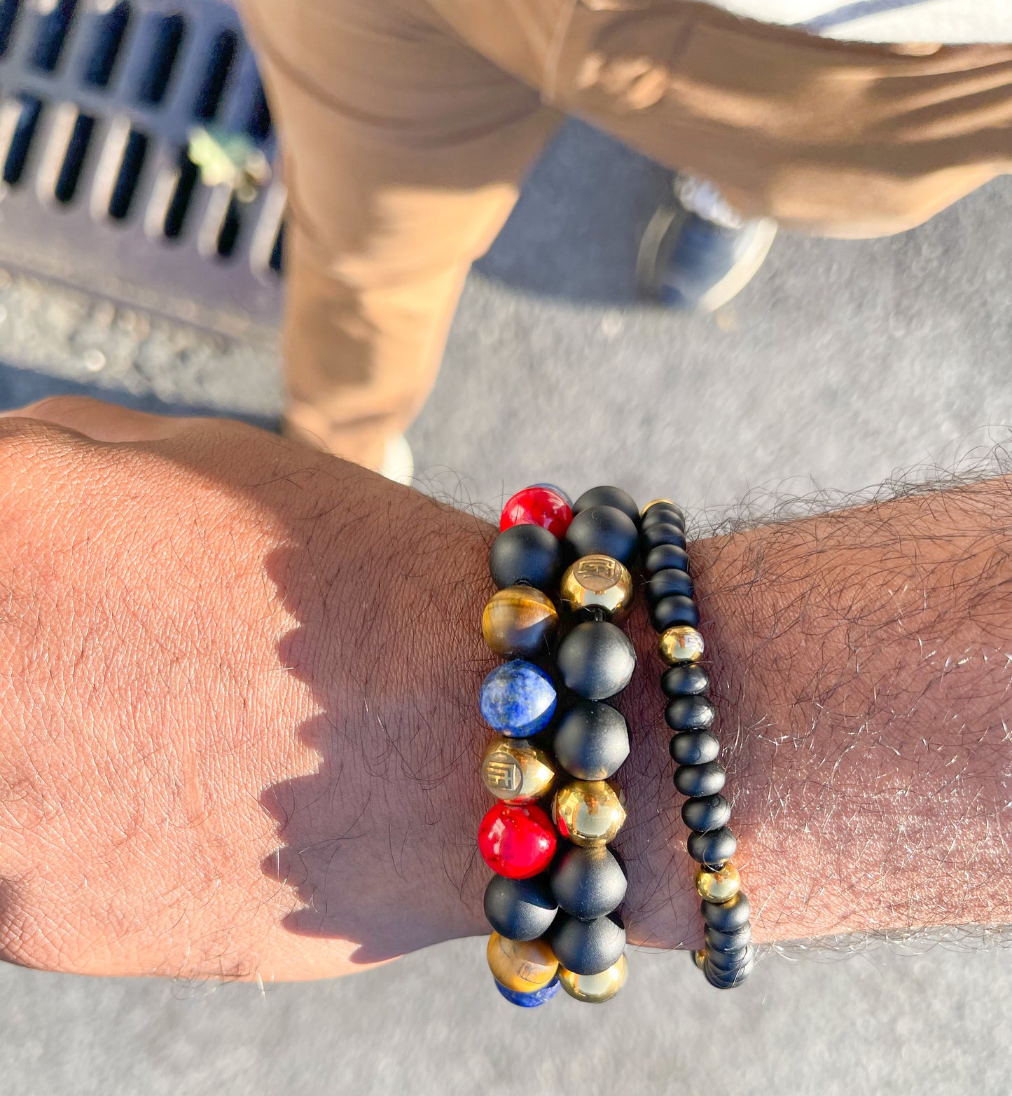 Men’s Bracelet With Matte Onyx And Gold LOGO Beads.