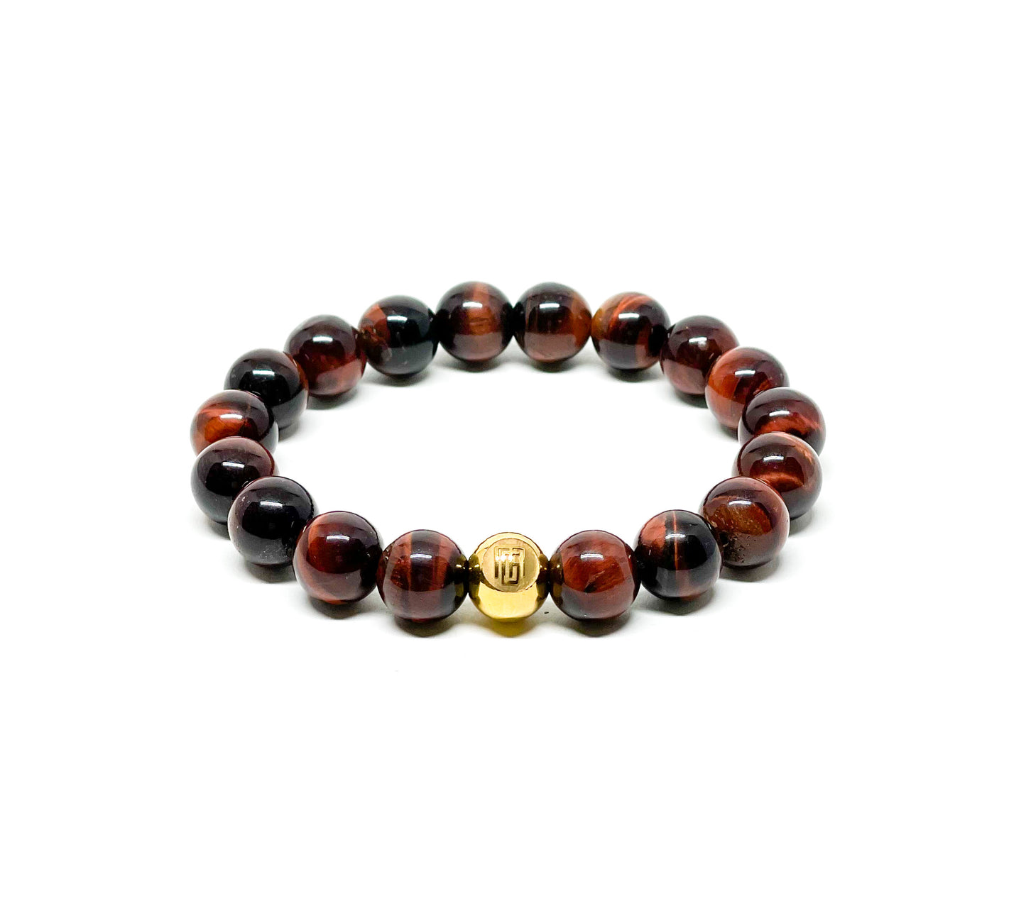 Men’s Bracelet with Red Tiger Eye and Gold plated over stainless steel logo beads.