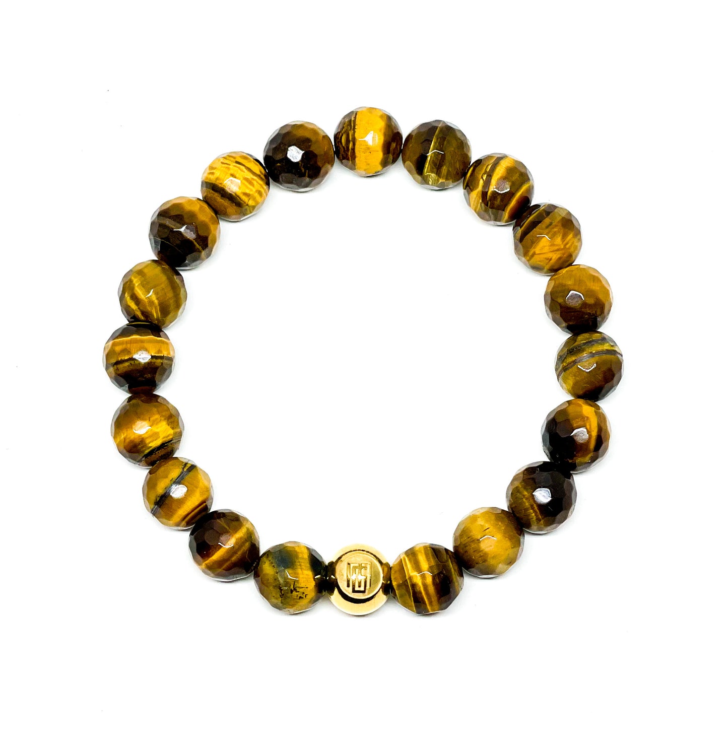 Men’s Bracelet with Tiger Eye Faceted and Gold plated over Stainless Steel logo bead.