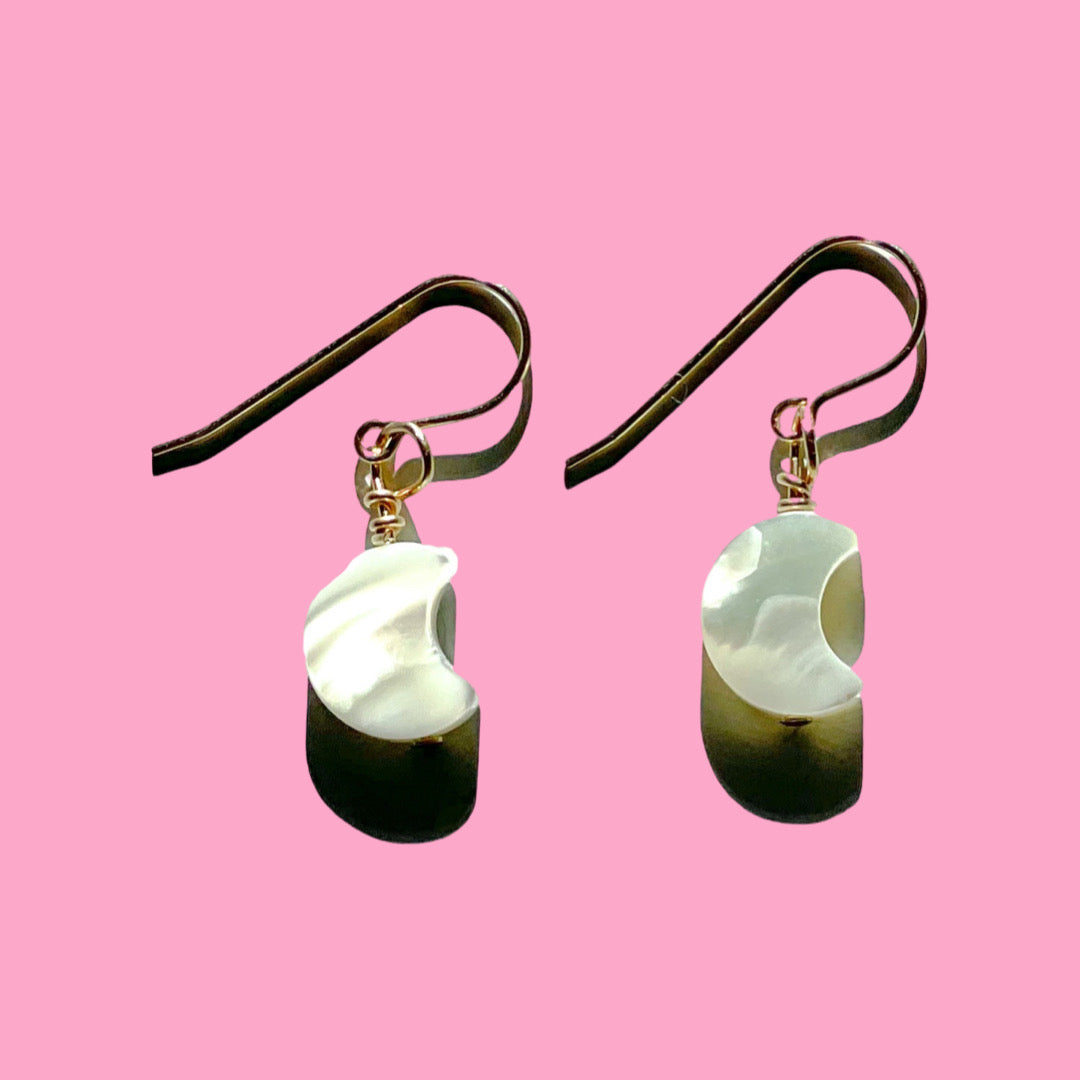 White Mother Of Pearl Shell Moon And Gold Filled Earrings.