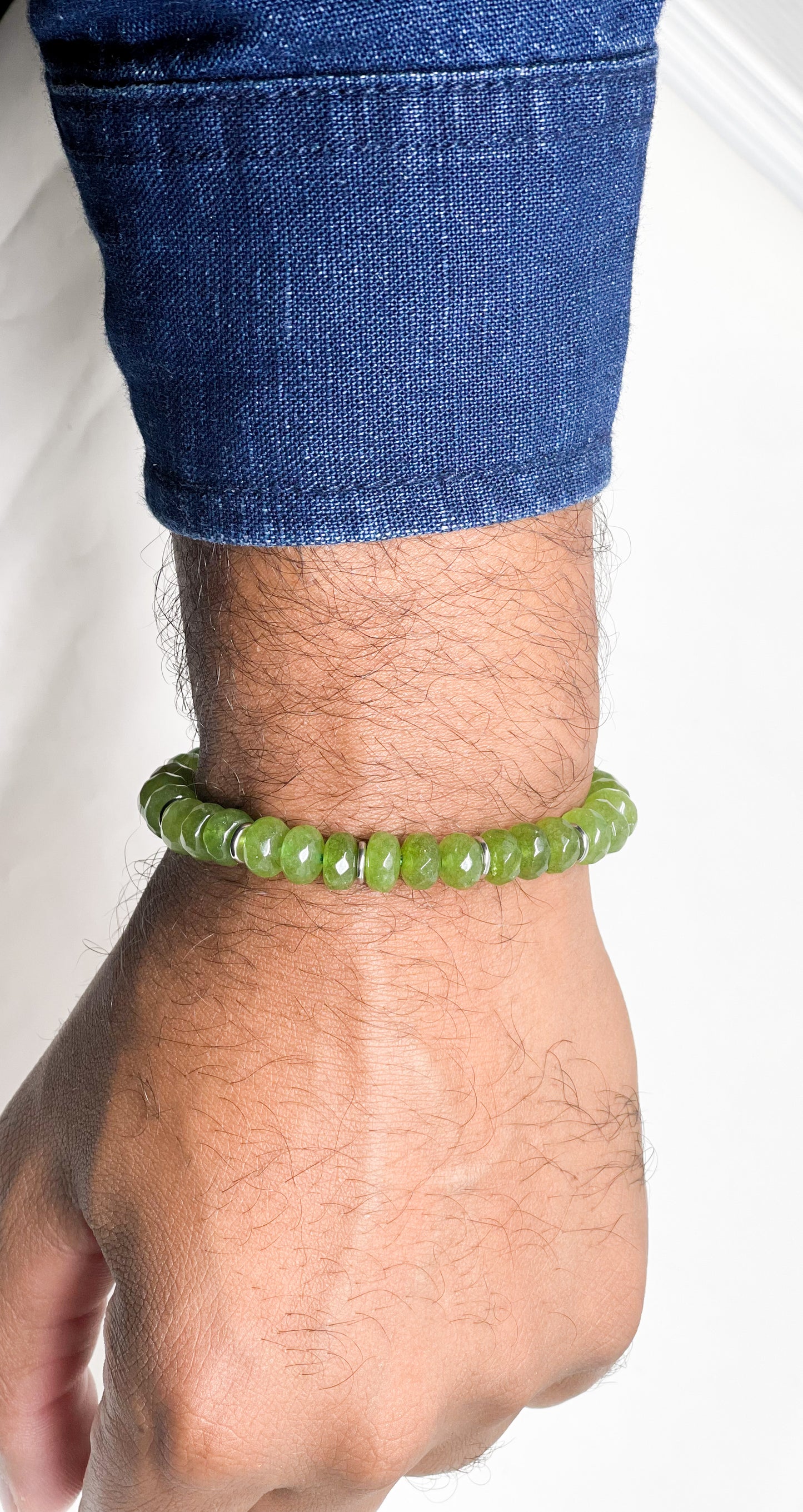 Men’s Bracelet With Olive Green Jade And Stainless Steel.