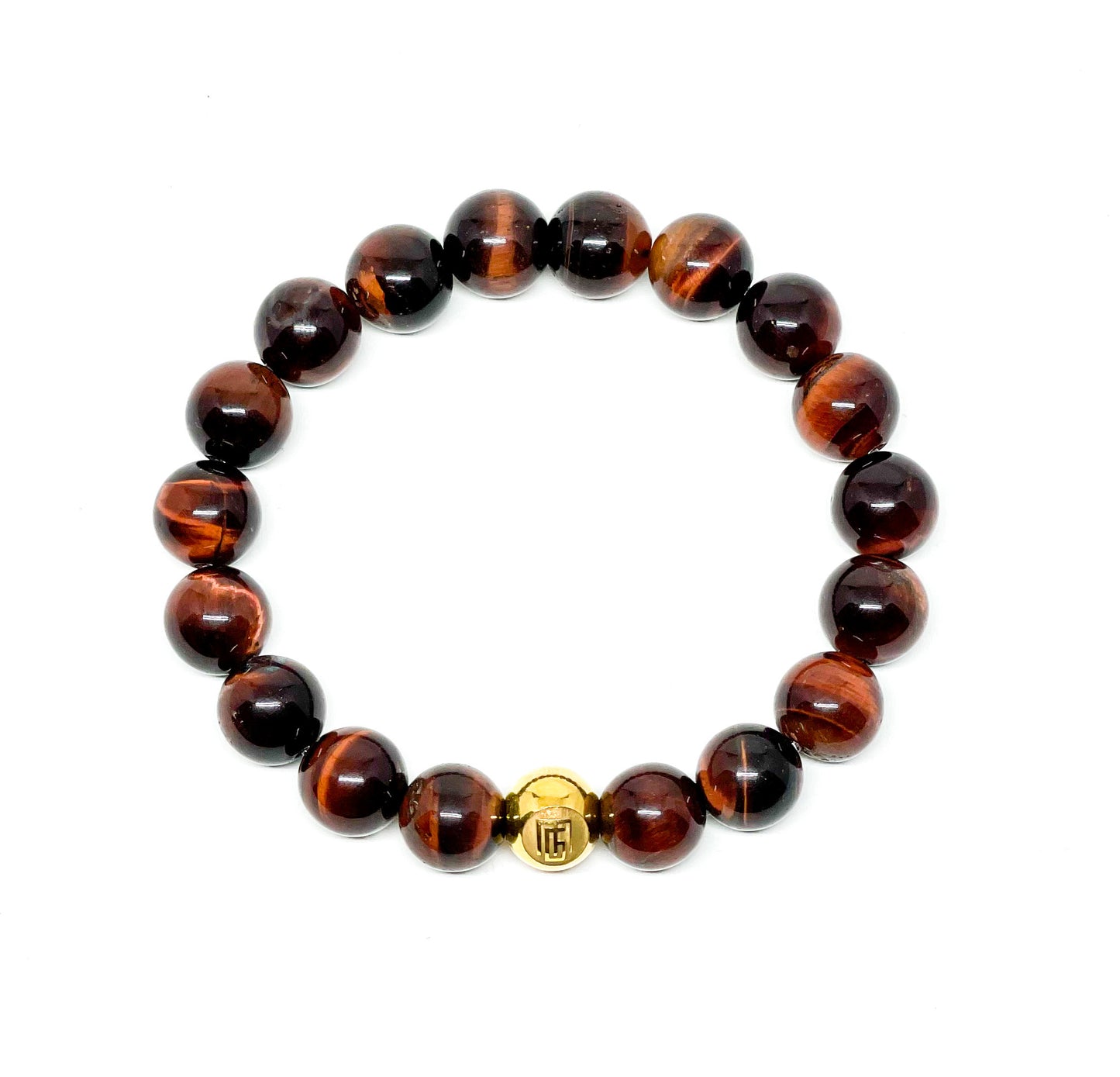 Men’s Bracelet with Red Tiger Eye and Gold plated over stainless steel logo beads.