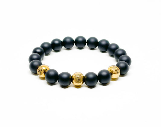 Men’s Bracelet With Matte Onyx And Gold LOGO Beads.